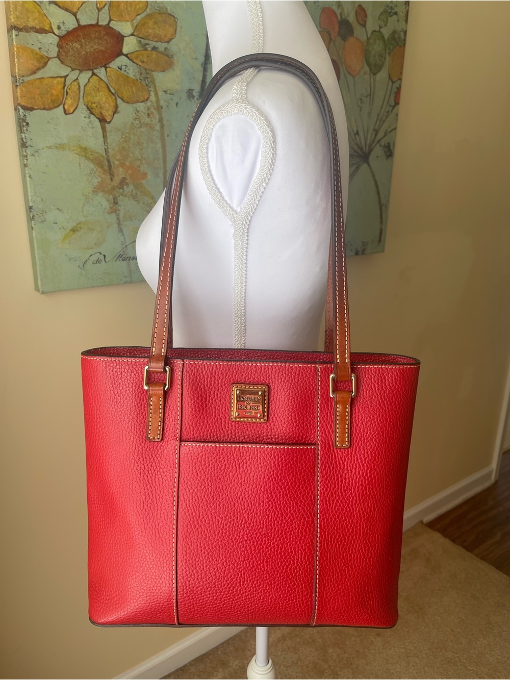Dooney & Bourke Red Pebbled Leather Tote with Brown Straps